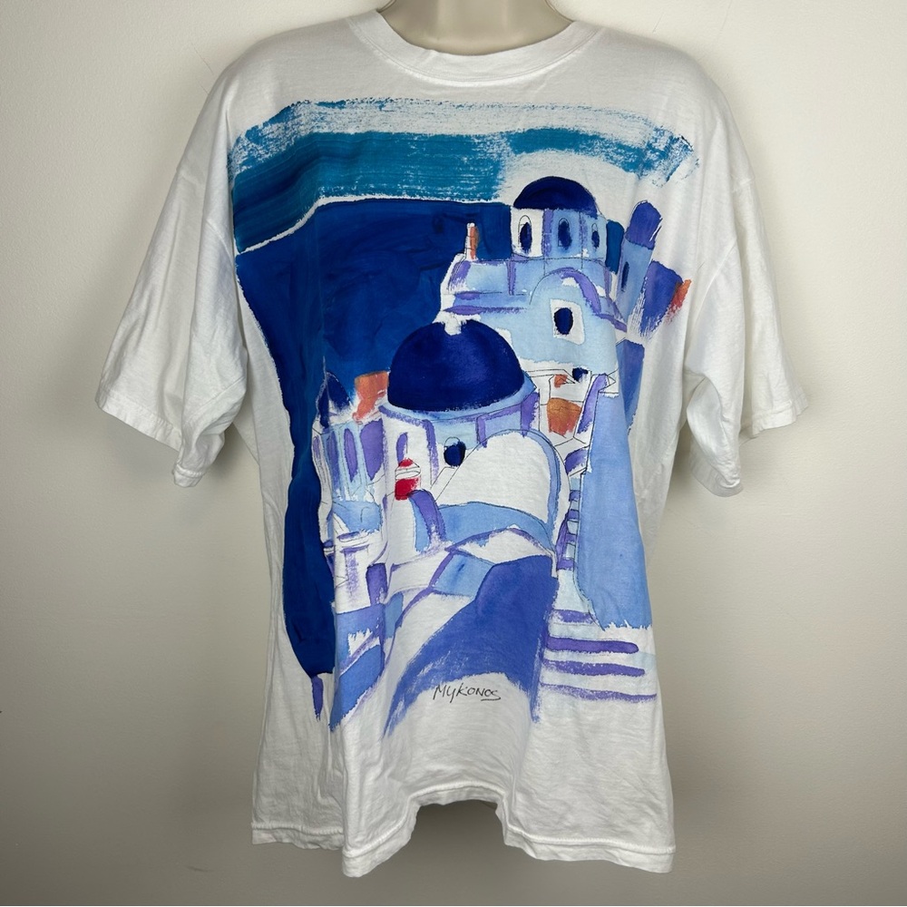 Hand painted sz XL Mikonos Mediterranean Short Sleeve Tee Wearable Art Travel
